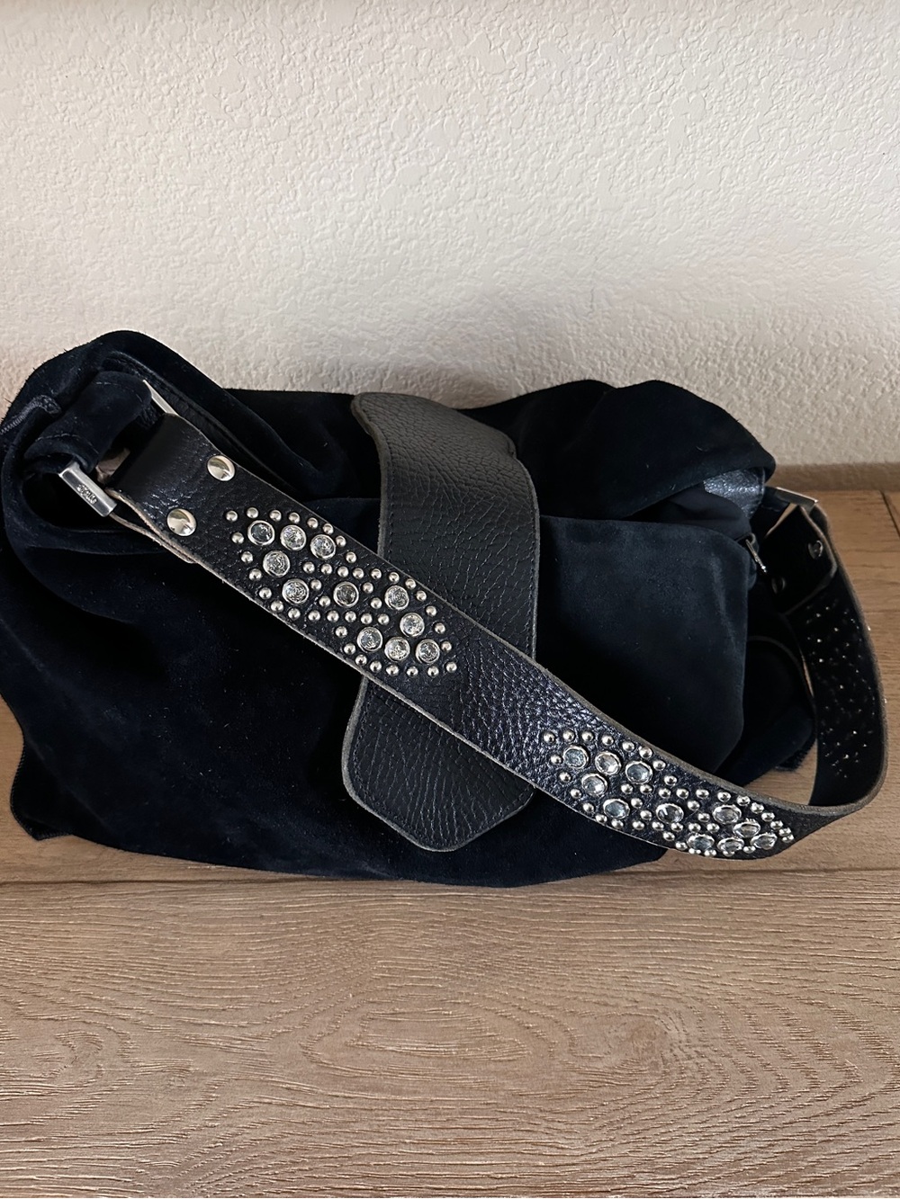 TYLIE MALIBU Suede Bag with Rhinestone Leather Strap Black